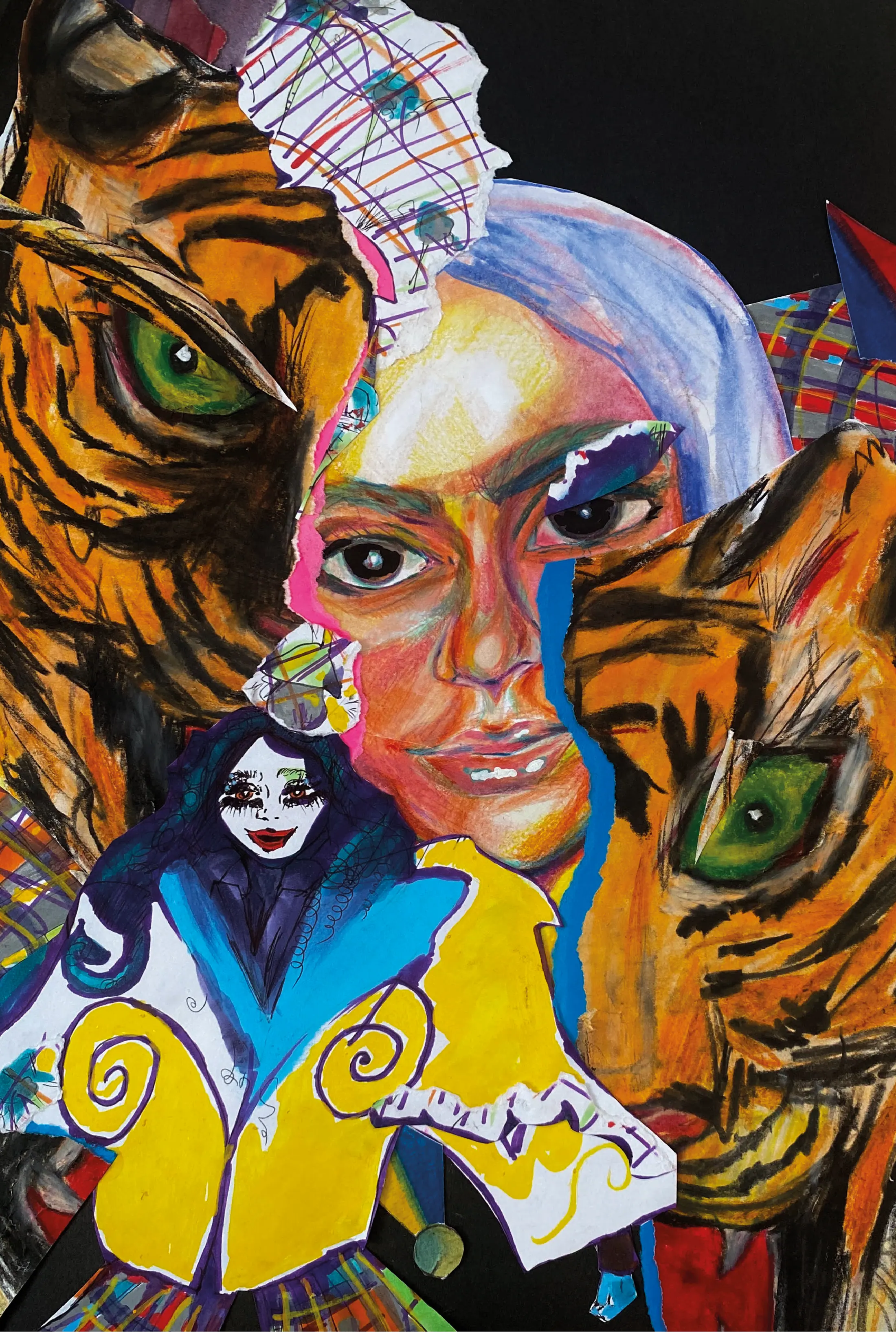 Circus-Collage: ein Tigergesicht verschmilzt mit einem geschminkten Porträt