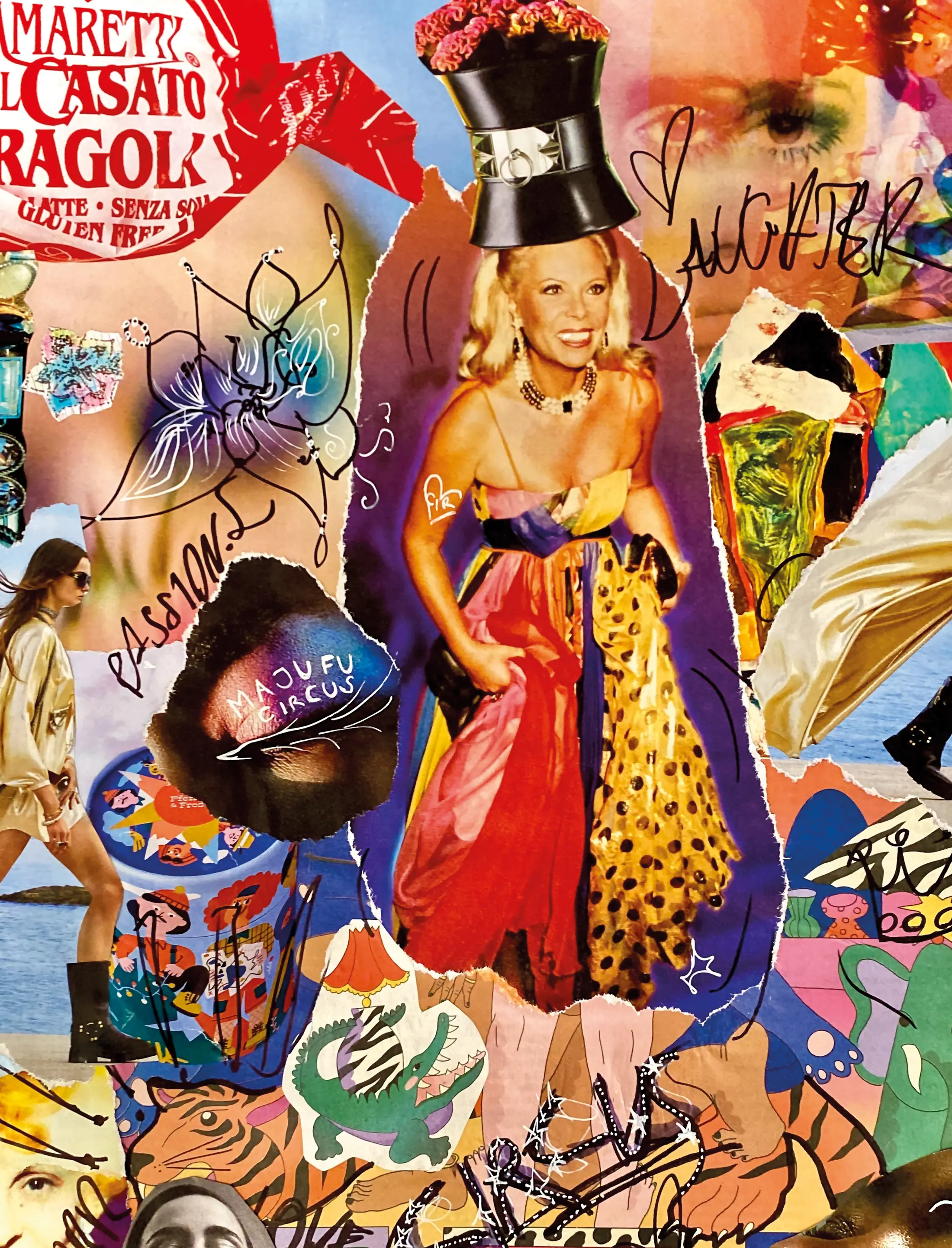 Circus-Collage: Zirkusplakate, Tiere, Kostüme und Fundstücke auf Pink