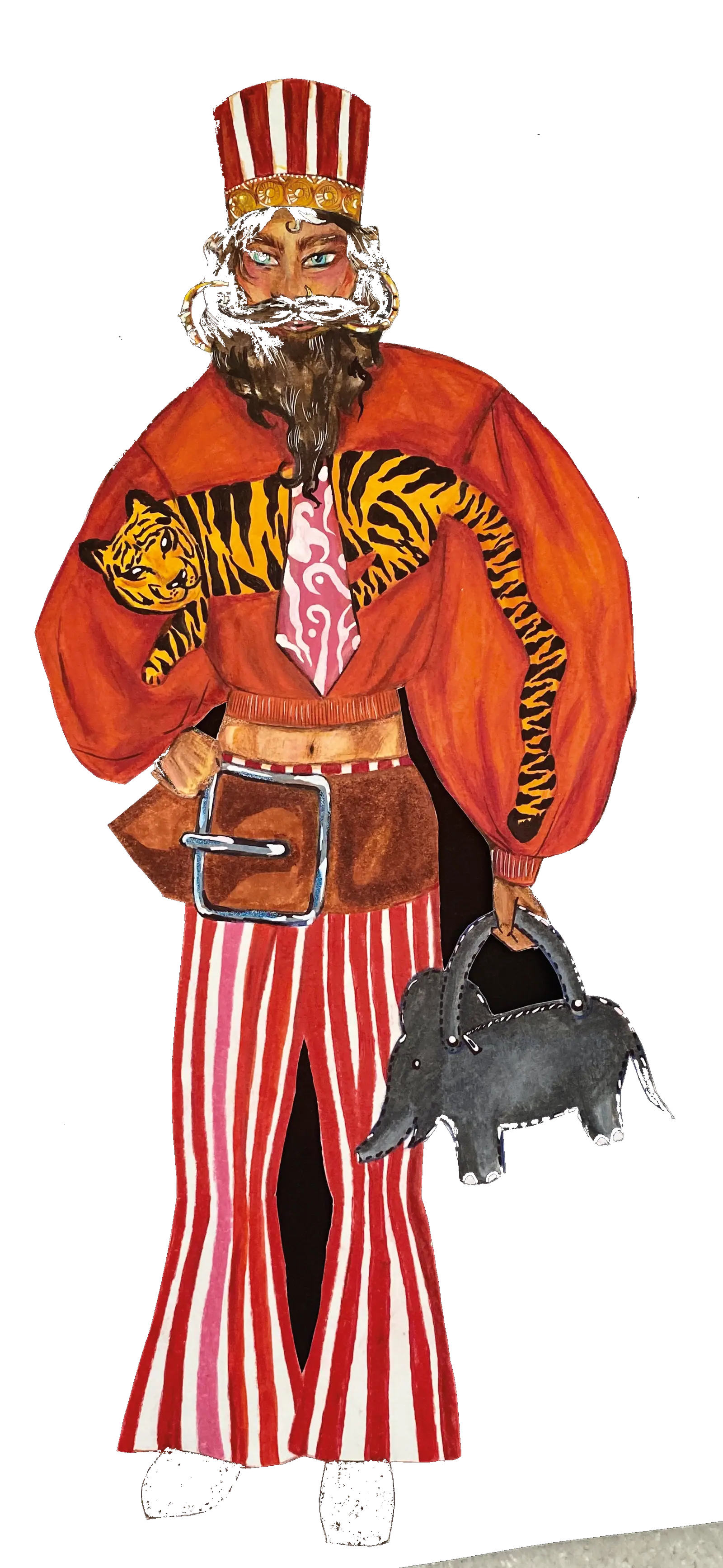 Entwurfszeichnung The Tamer: roter Tigerpullover zu rot-weiß gestreifter Schlaghose