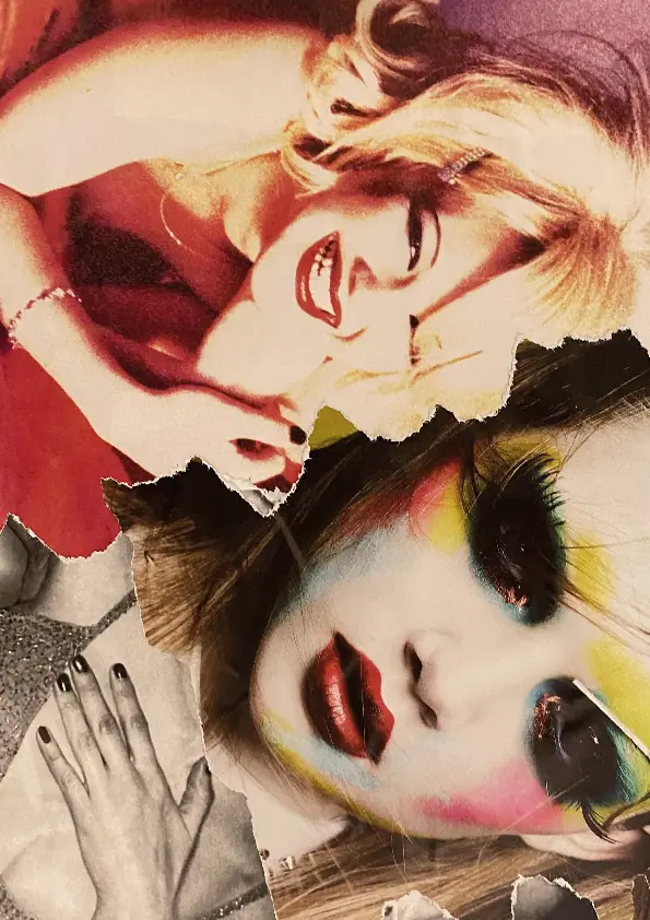 Collage aus gerissenen Zeitschriftenbildern: Porträts mit starkem Make-up